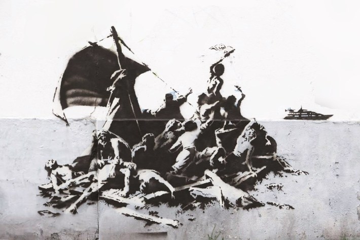Graffiti de Banksy inspirado en "La balsa de la Medusa" de Theodore Gericault.